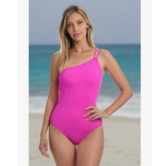 NWOT La Blanca Women's One Piece Swimsuit Single Shoulder Tummy Control Pink 14 - Picture 1 of 7